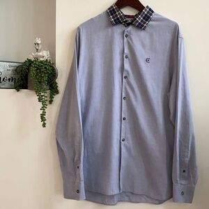 Cerruti Cotton Chambray Blue Plaid Collar Shirt XL‎